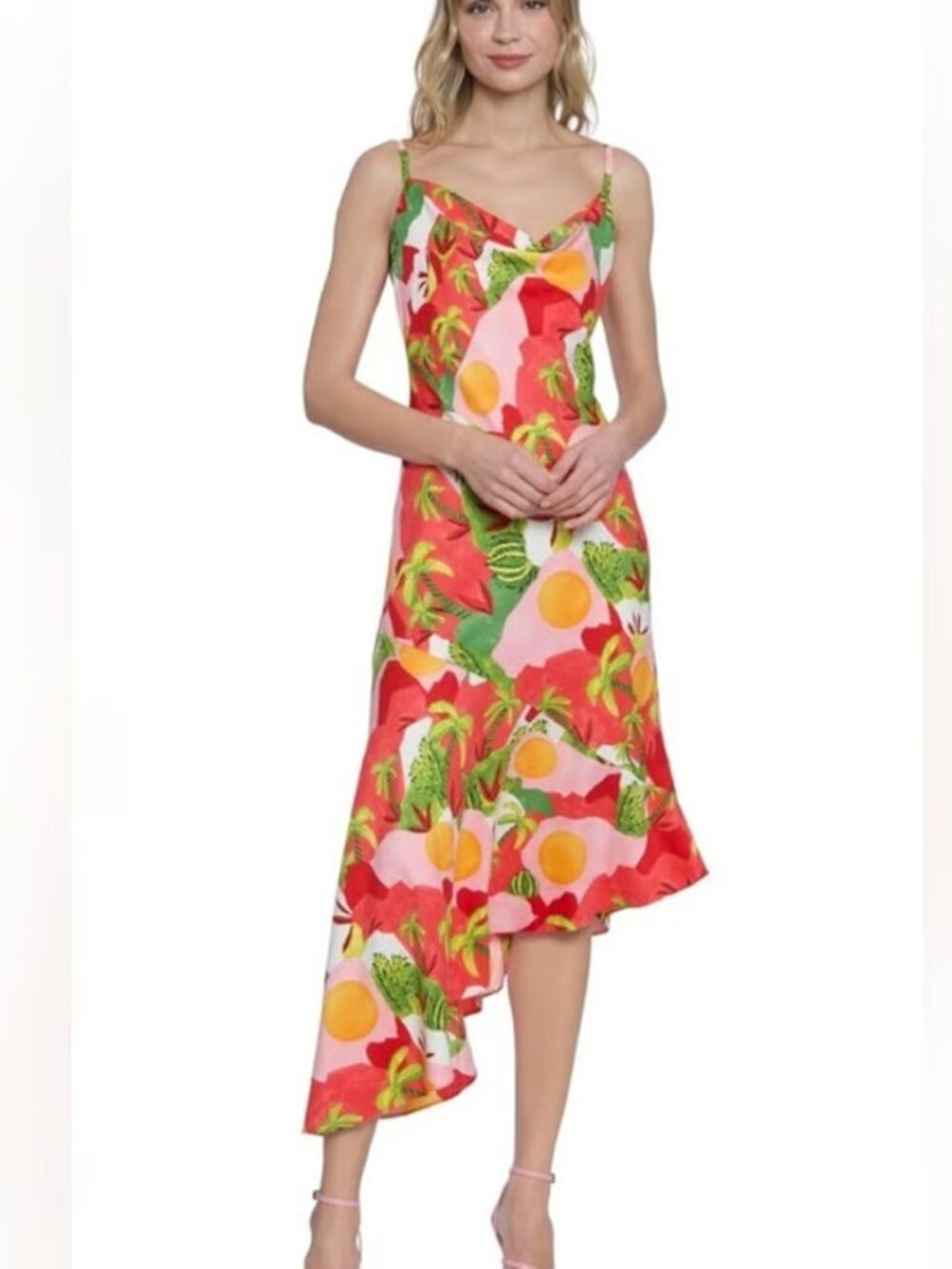 DONNA MORGAN Tropical Asymmetric Midi Dress